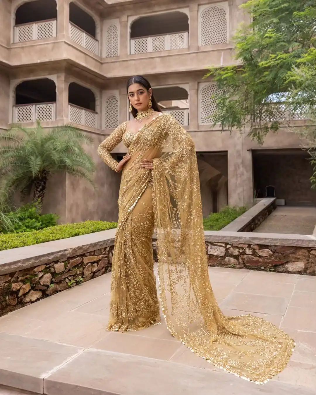 Dazzling Golden Color Mono Butterfly Net Embroidery work Saree