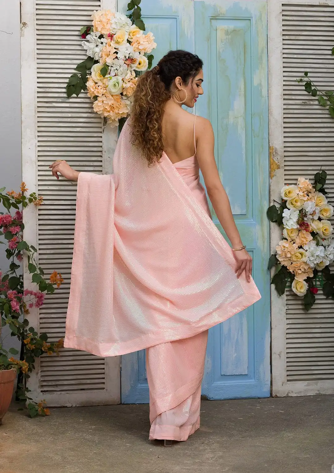 Pink Georgette Rainbow Sequence Work Saree - Image 3