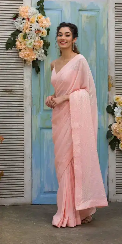 Elegant Pink Color Georgette Rainbow Sequence Work Saree