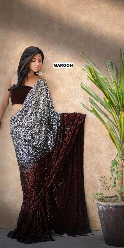 Entrancing Maroon Color Heavy 60 Gram Georgette Sequins Saree