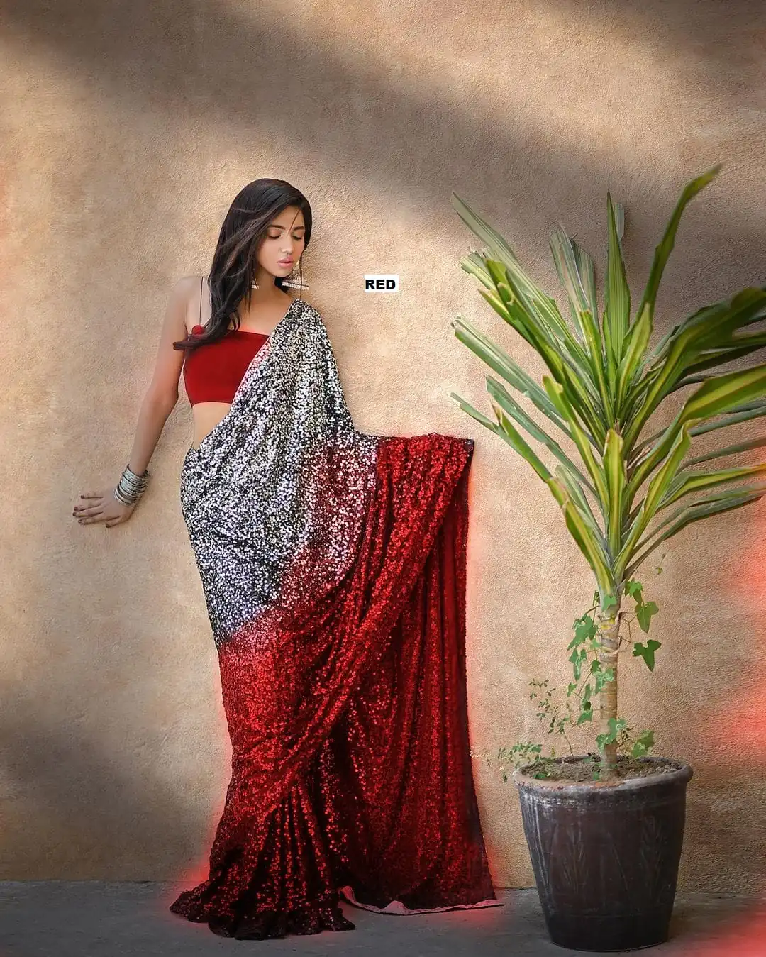 Entrancing Red Color Heavy 60 Gram Georgette Sequins Saree