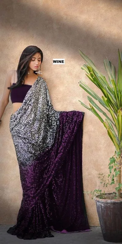 Entrancing Wine Color Heavy 60 Gram Georgette Sequins Saree