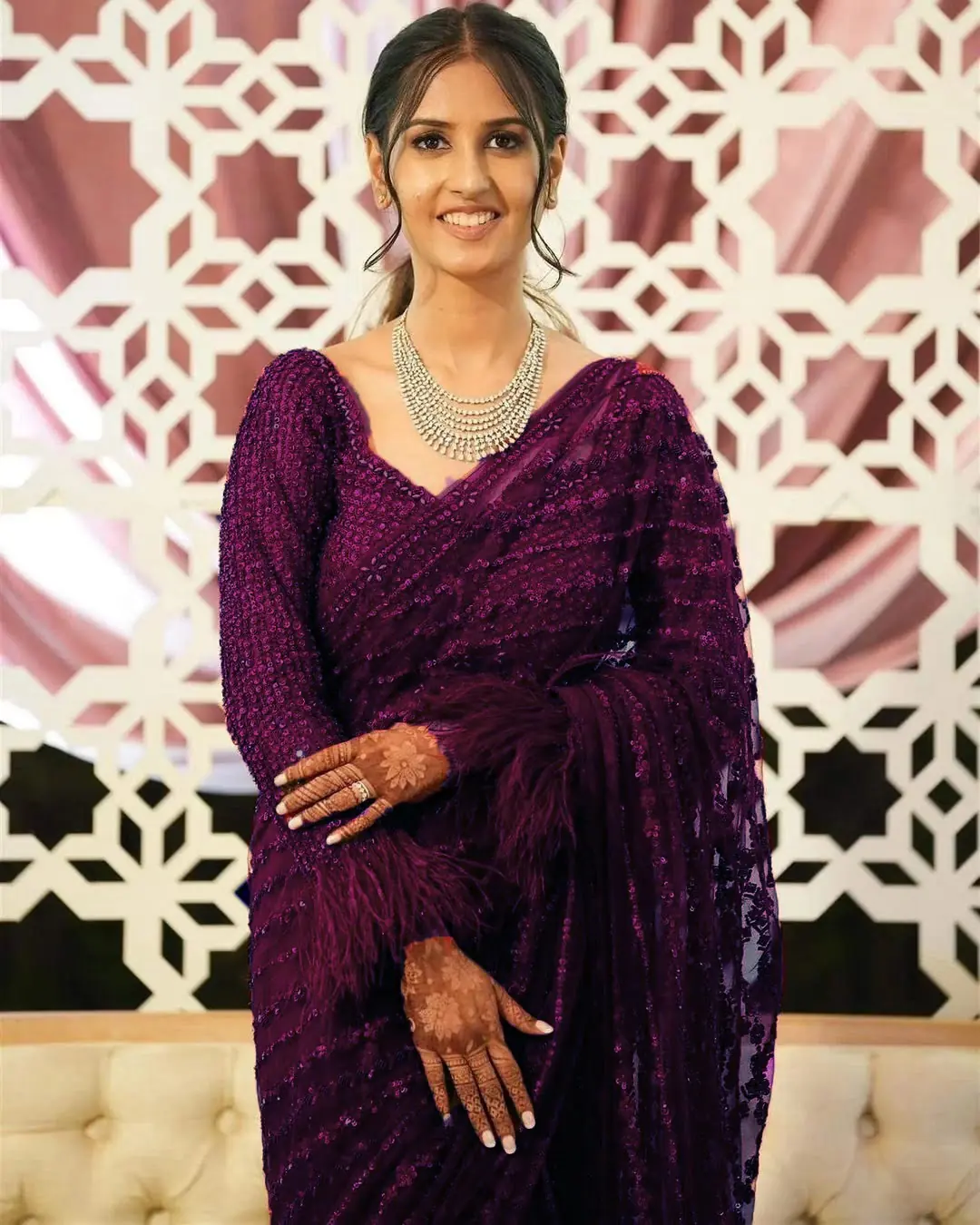 Wine Mono Net Sequins Embroidery Work Saree - Image 2