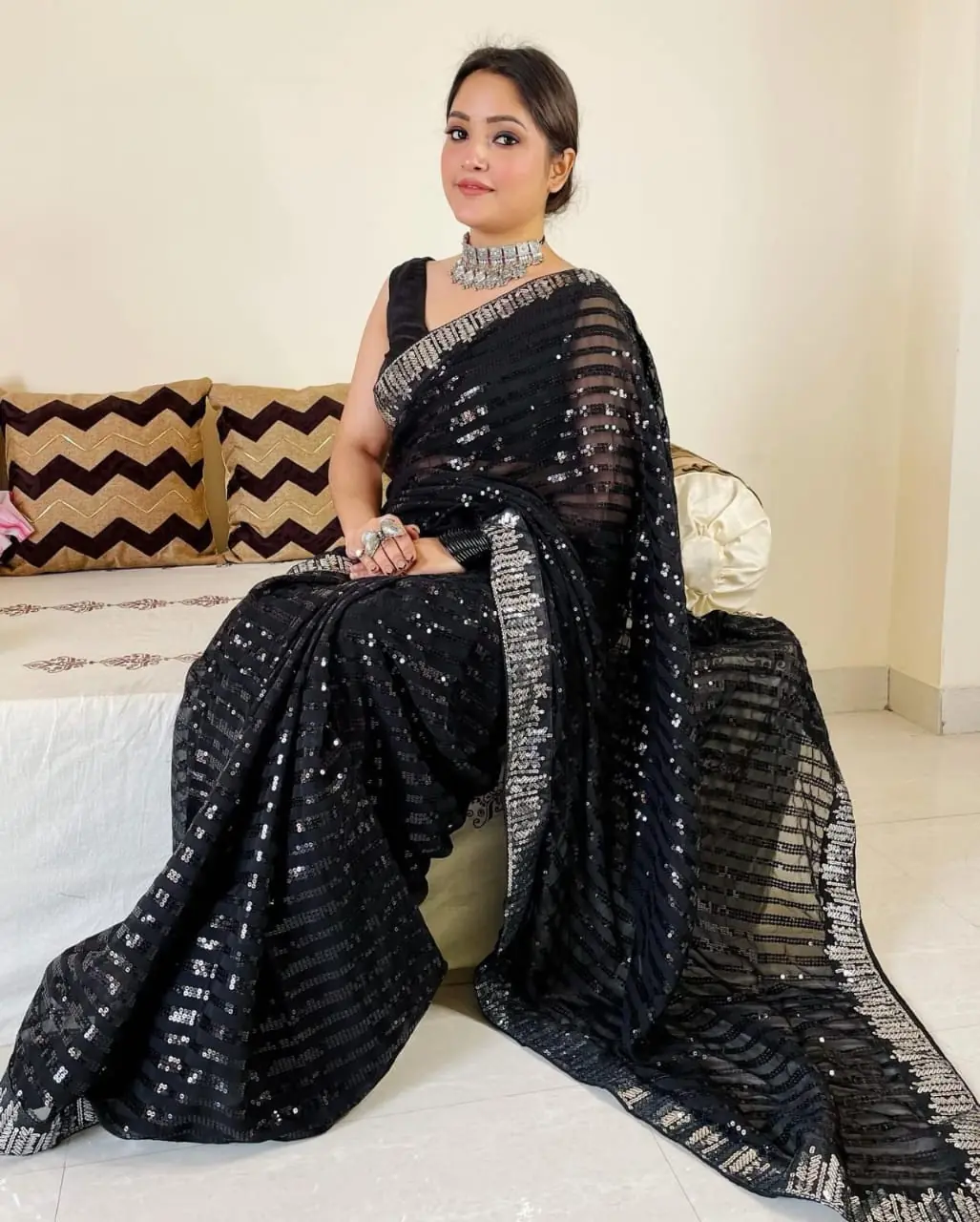 Good Looking Black Color Georgette Sequence Work Sequence lace Saree