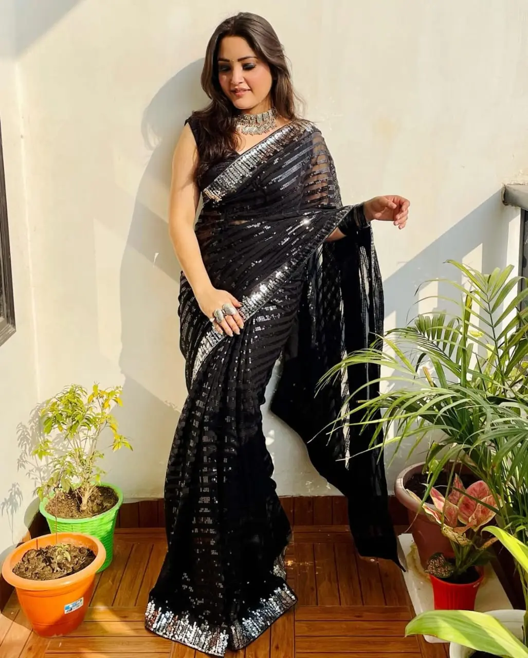 Good Looking Black Color Georgette Sequence Work Sequence lace Saree