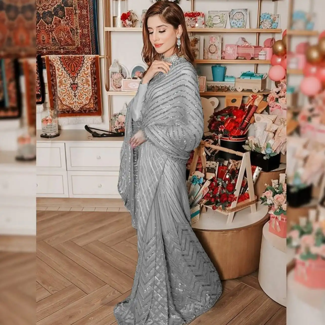 Grey Georgette Multi Sequin Embroidered Saree - Image 2