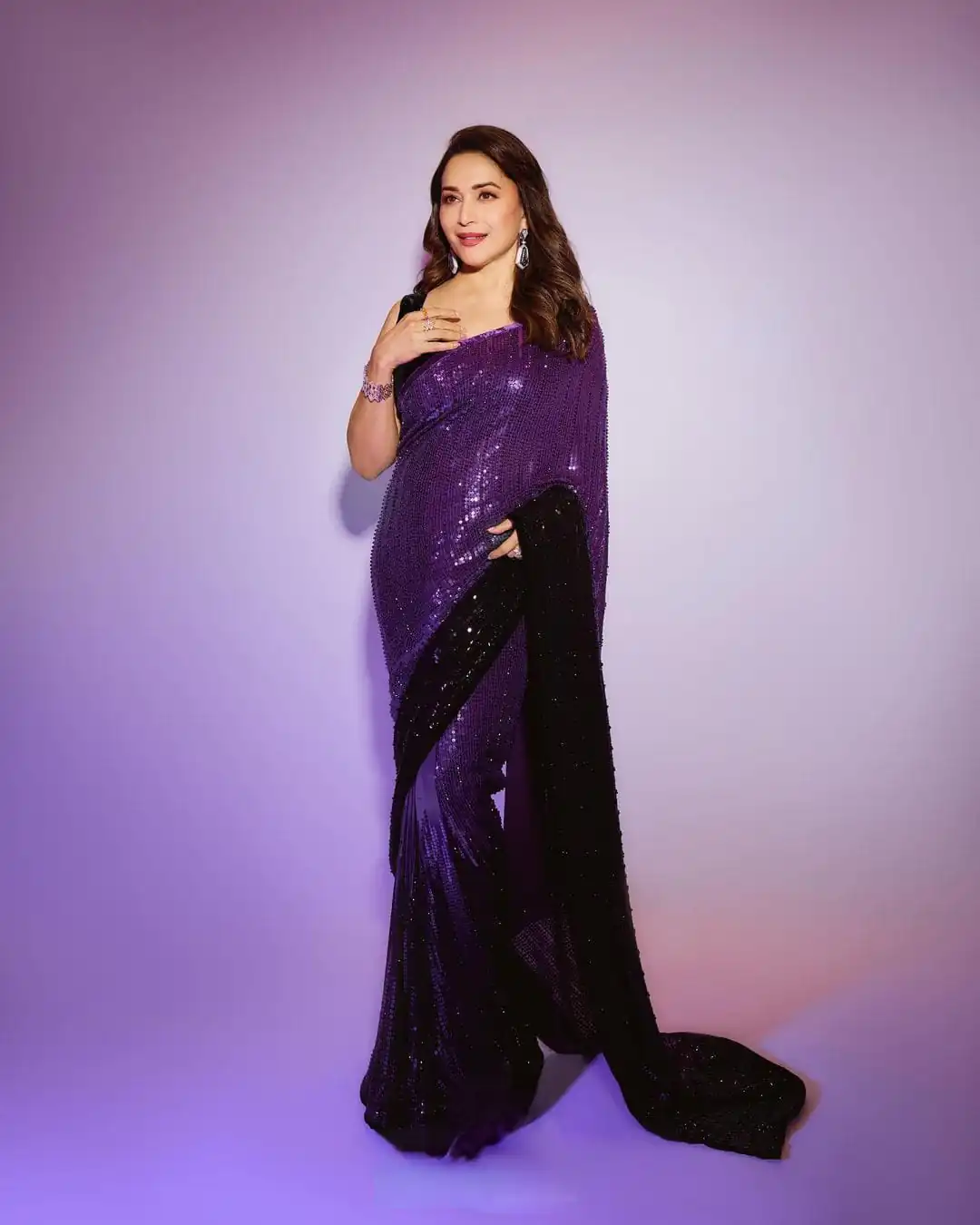 Madhuri Dixit Purple Color 60 Gram Georgette Sequins Work Saree