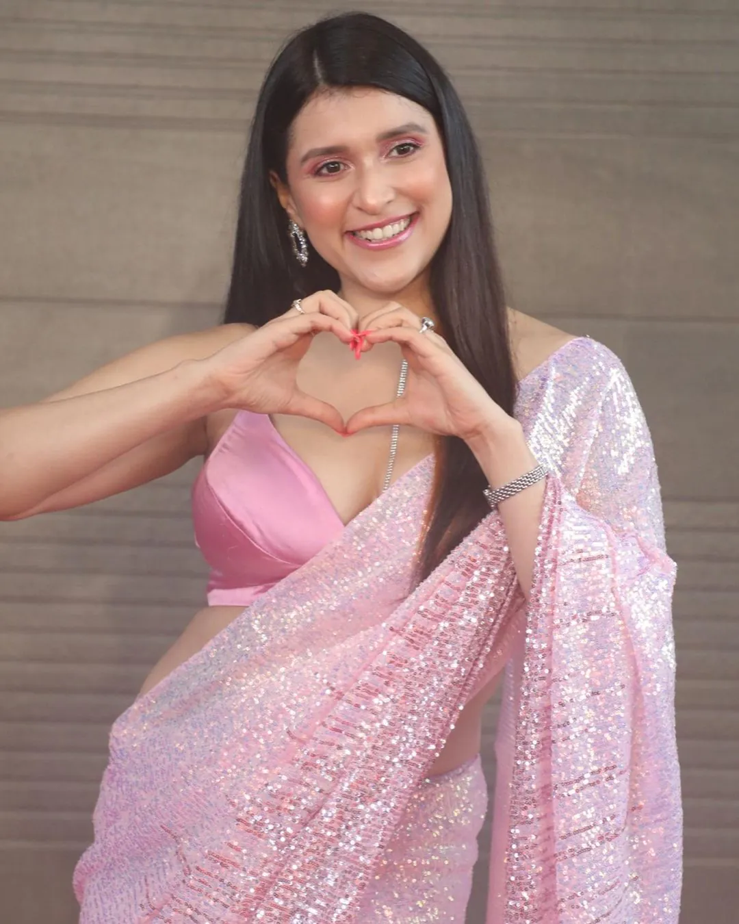 Mannara Chopra Baby Pink Color Heavy Dual Sequins Embroidered Saree