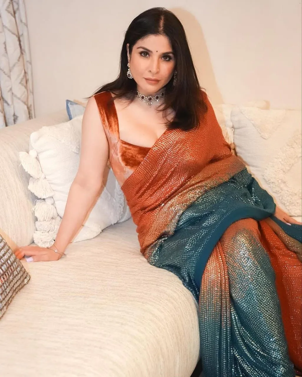 Orange Color Georgette Heavy Embroider Two Color Sequins Work Saree