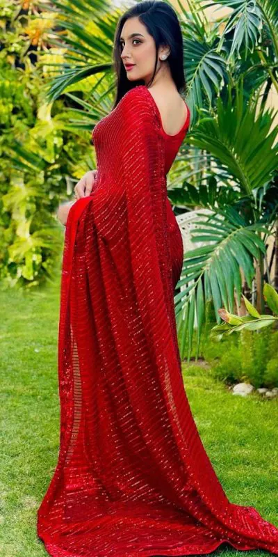 Perfectly Red Color Georgette Embroidery Sequence Work Saree