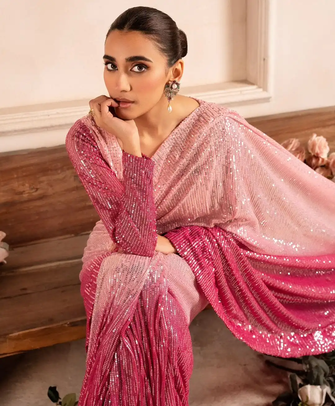 Pretty Baby Pink Color Sequins Embrodery Work saree