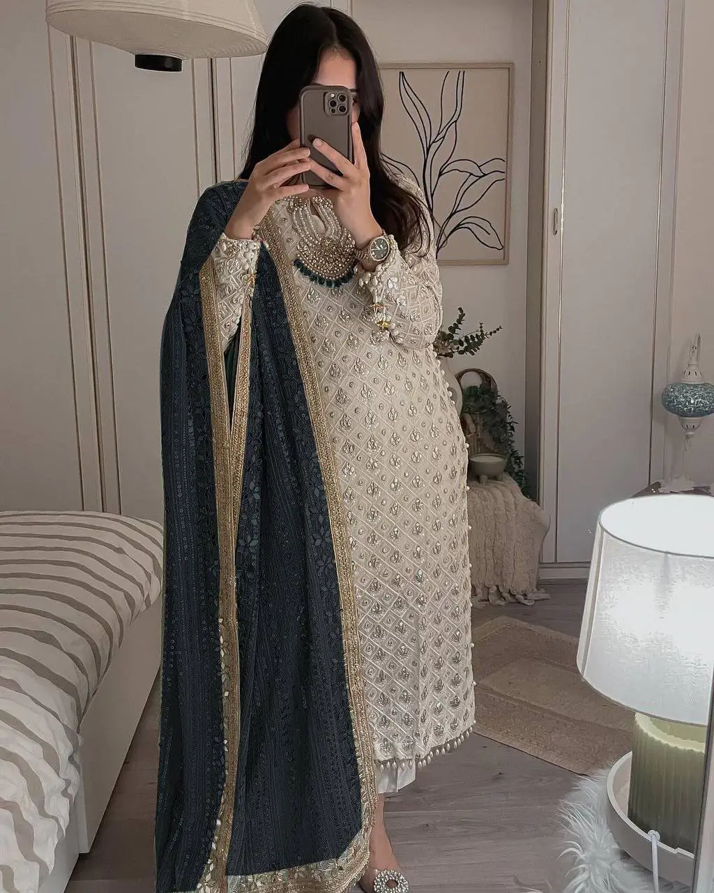 Pretty White Color Sequence Work Salwar Suit With Black Dupatta