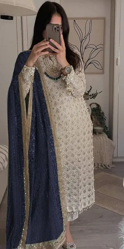 Pretty White Color Sequence Work Salwar Suit With Blue Dupatta