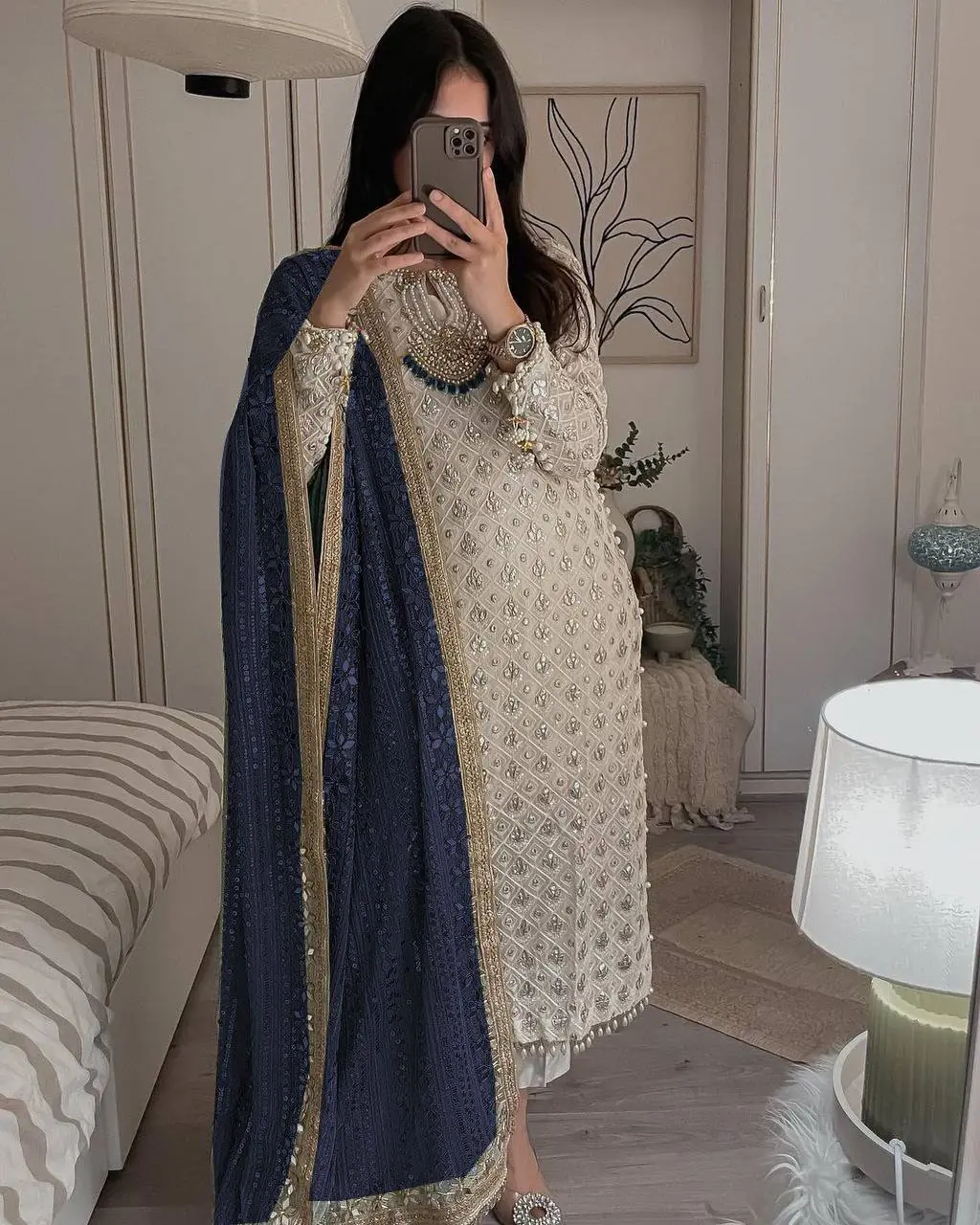 Pretty White Color Sequence Work Salwar Suit With Blue Dupatta