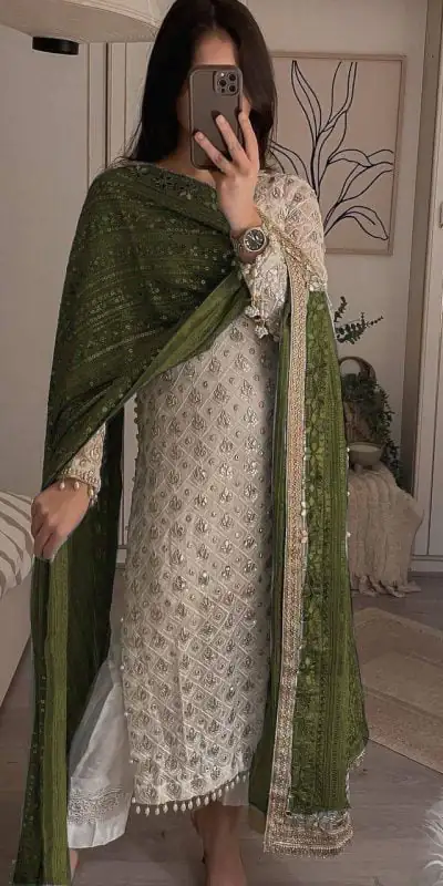 Pretty White Color Sequence Work Salwar Suit With Mehndi Dupatta