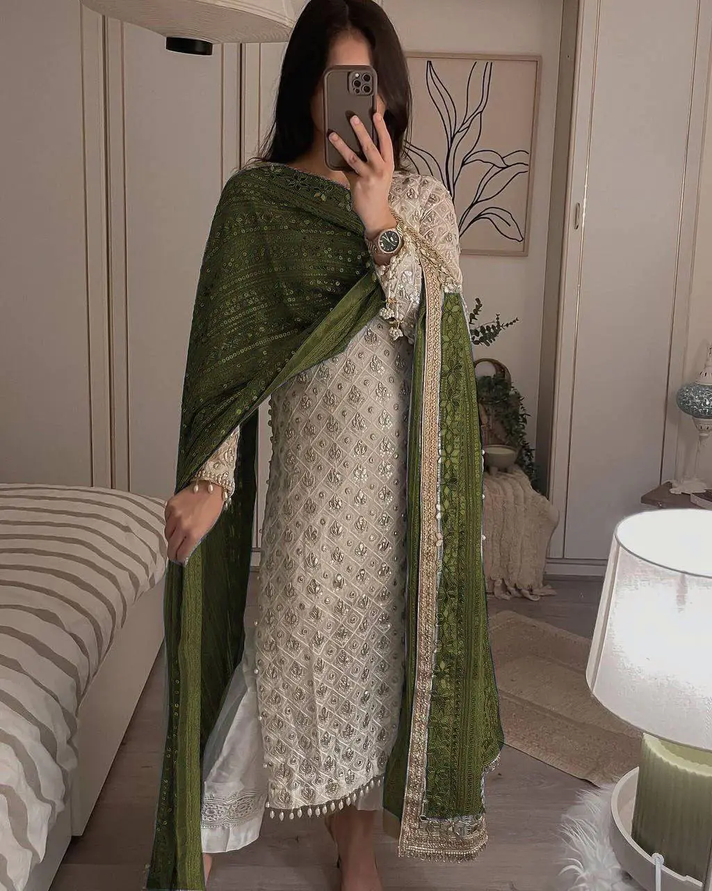 Pretty White Color Sequence Work Salwar Suit With Mehndi Dupatta