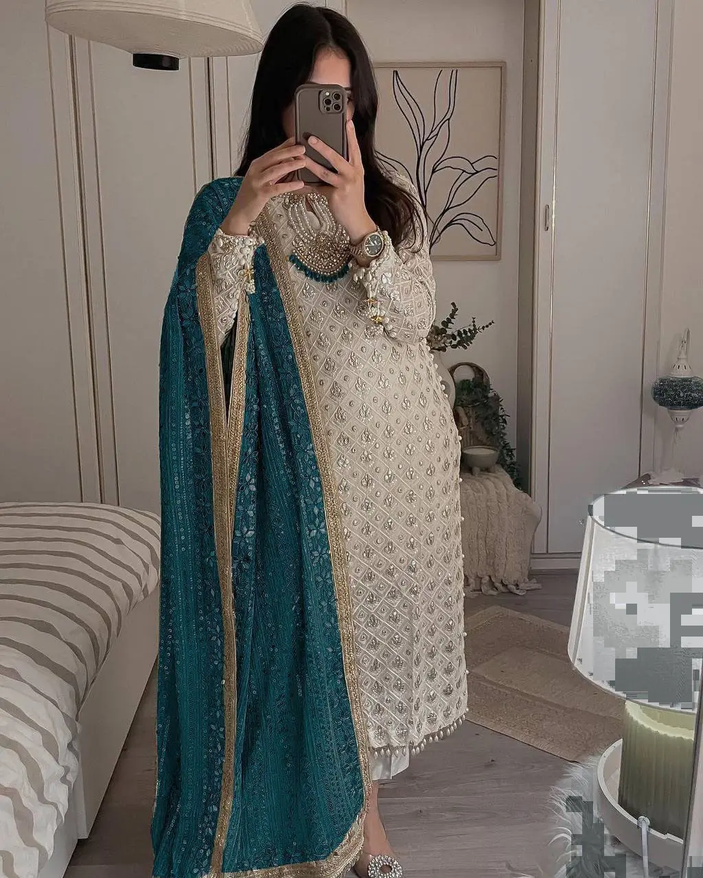 White Sequence Salwar Suit with Peacock Blue Dupatta - Image 2