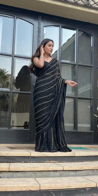 Simple Black Color Georgette Sequence Work With Peiping Saree
