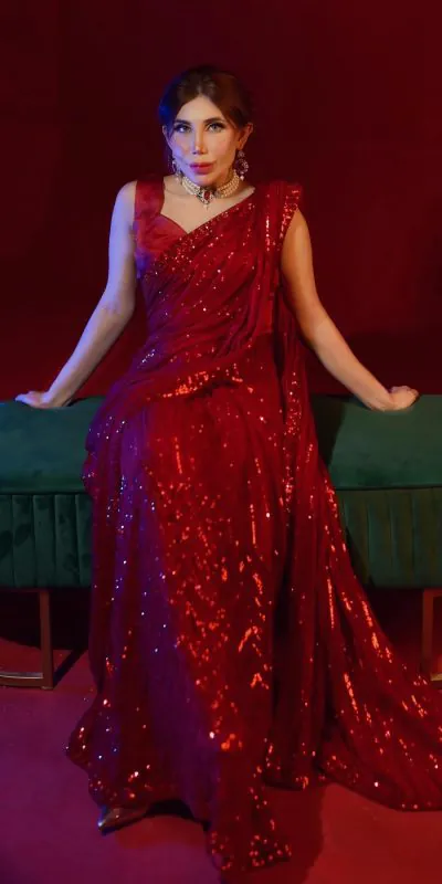 Stylish Red Color Georgette Embroidery Sequence Work Saree