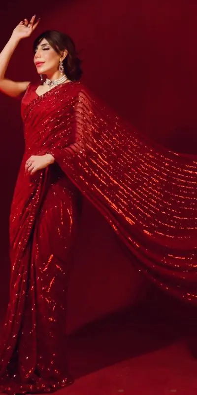 Stylish Red Color Georgette Embroidery Sequence Work Saree