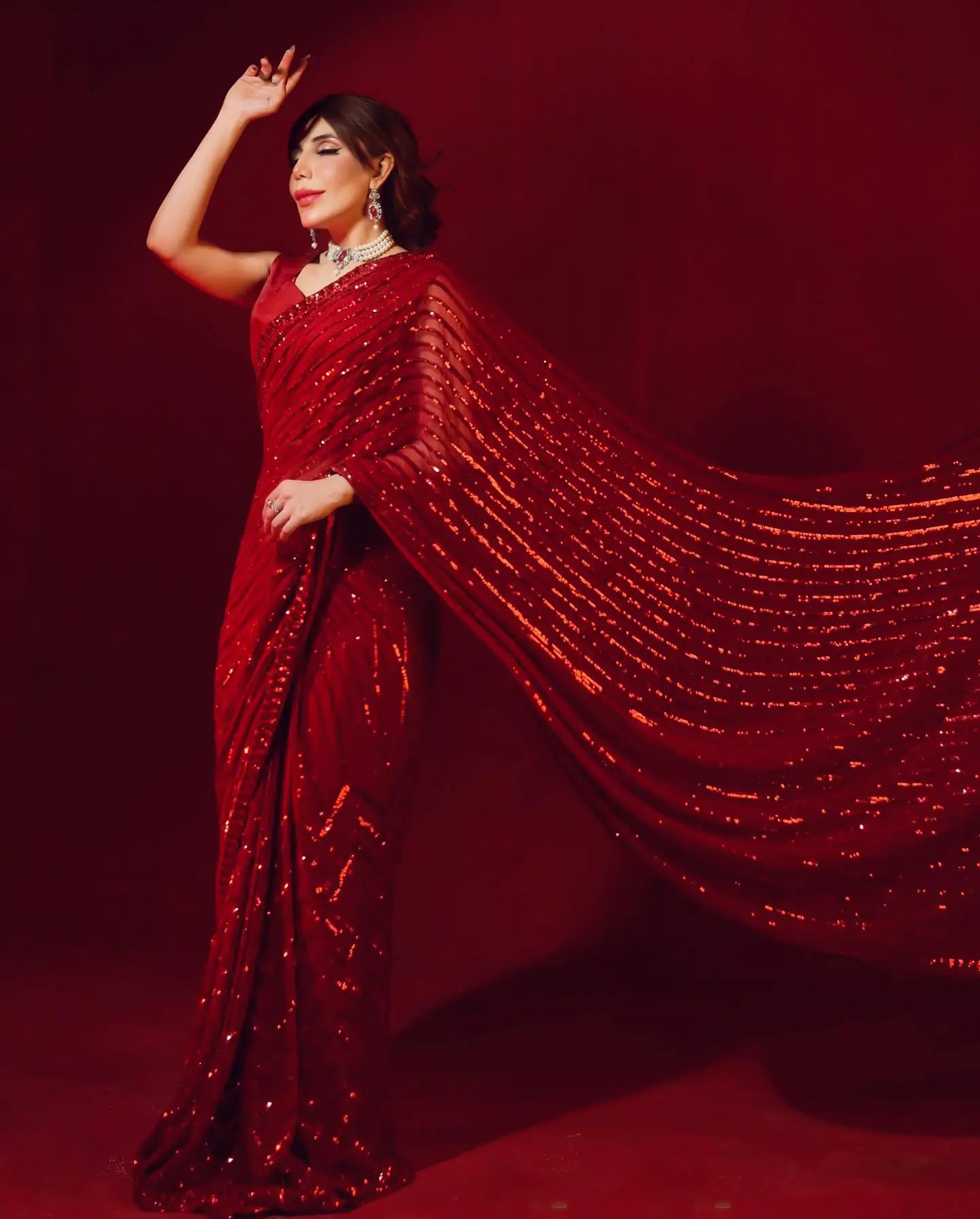 Stylish Red Color Georgette Embroidery Sequence Work Saree