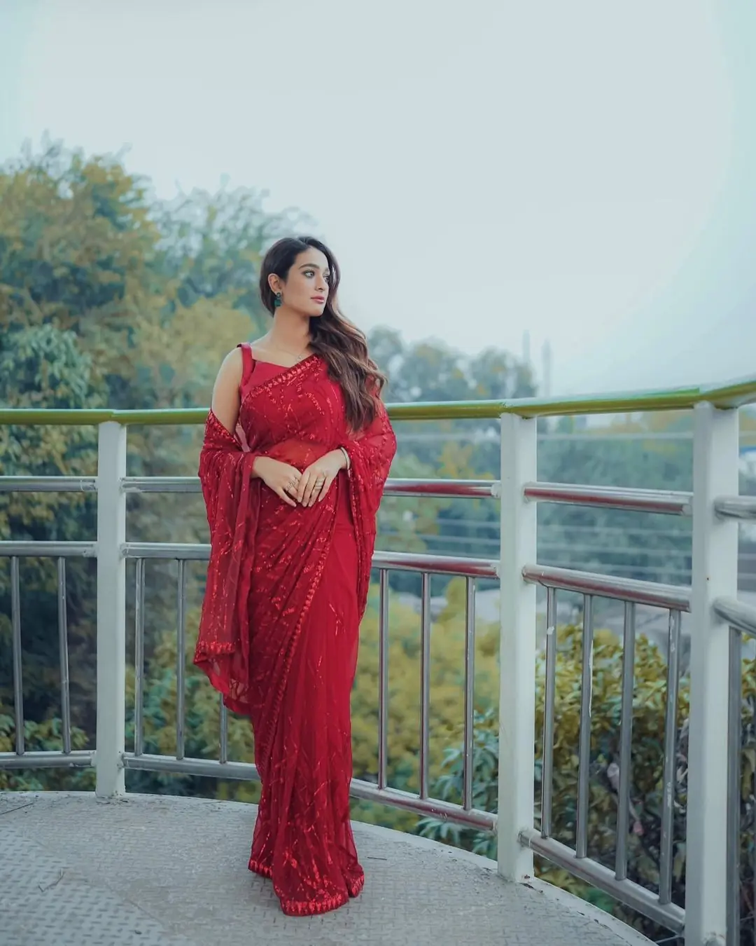 Stylish Red Color Georgette Multi & Sequins Embroidery Work With Lace Border On Saree