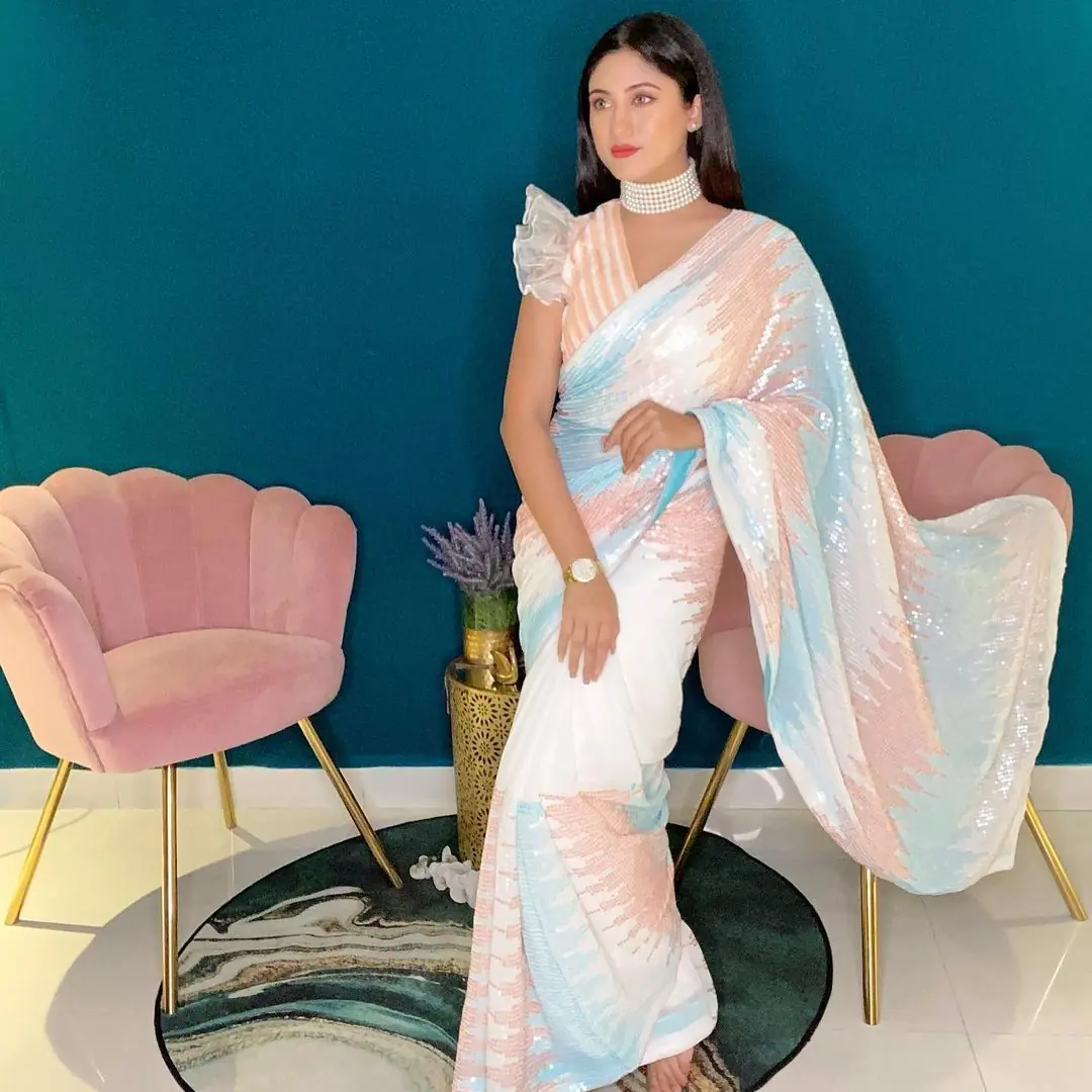 Stylish White Color Soft georgette shaded sequence work Saree