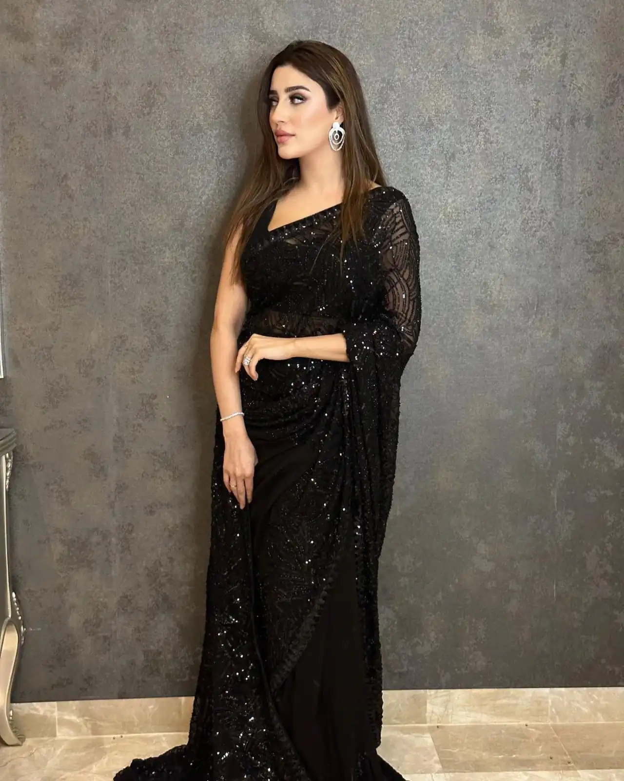 Superb Black Color Georgette Embroidery Sequins work Saree