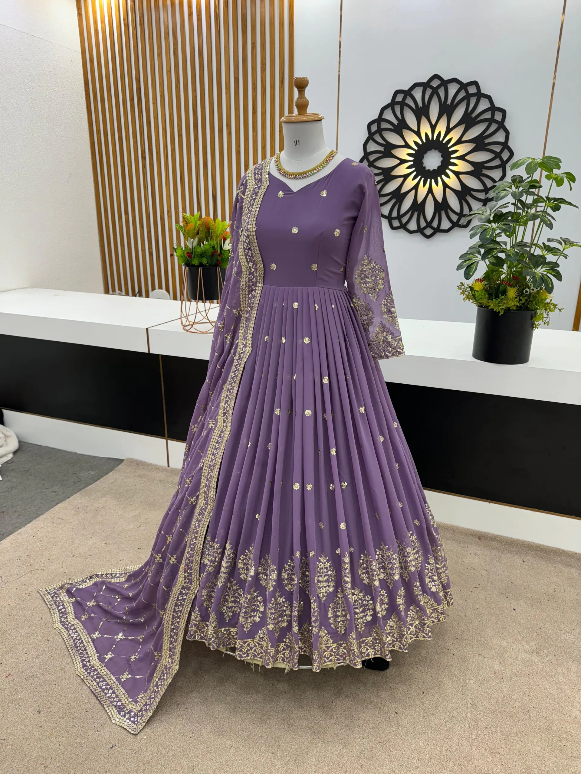 Light Purple Georgette Embroidery Sequence Gown - Image 2