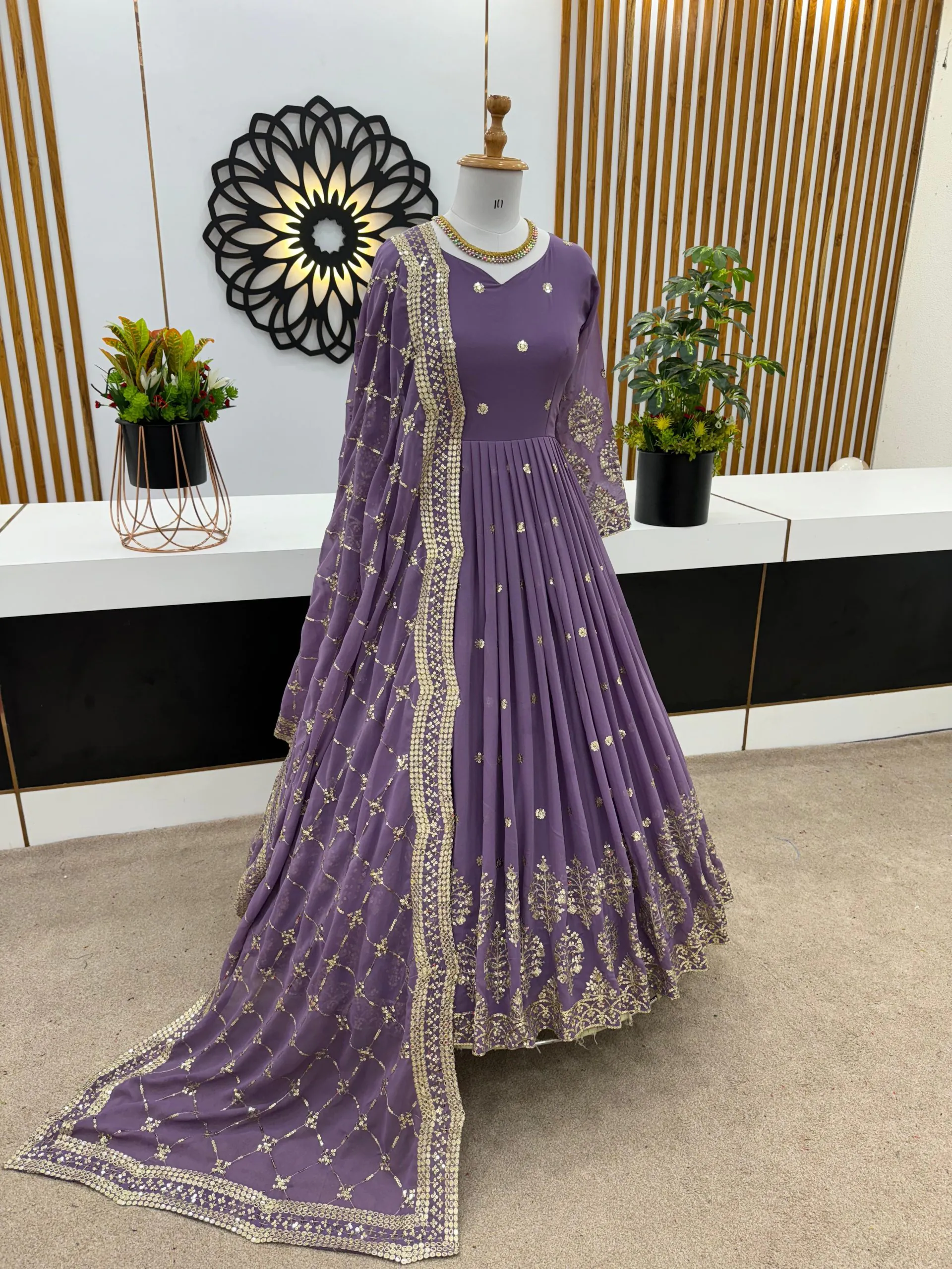 Light Purple Georgette Embroidery Sequence Gown - Image 3