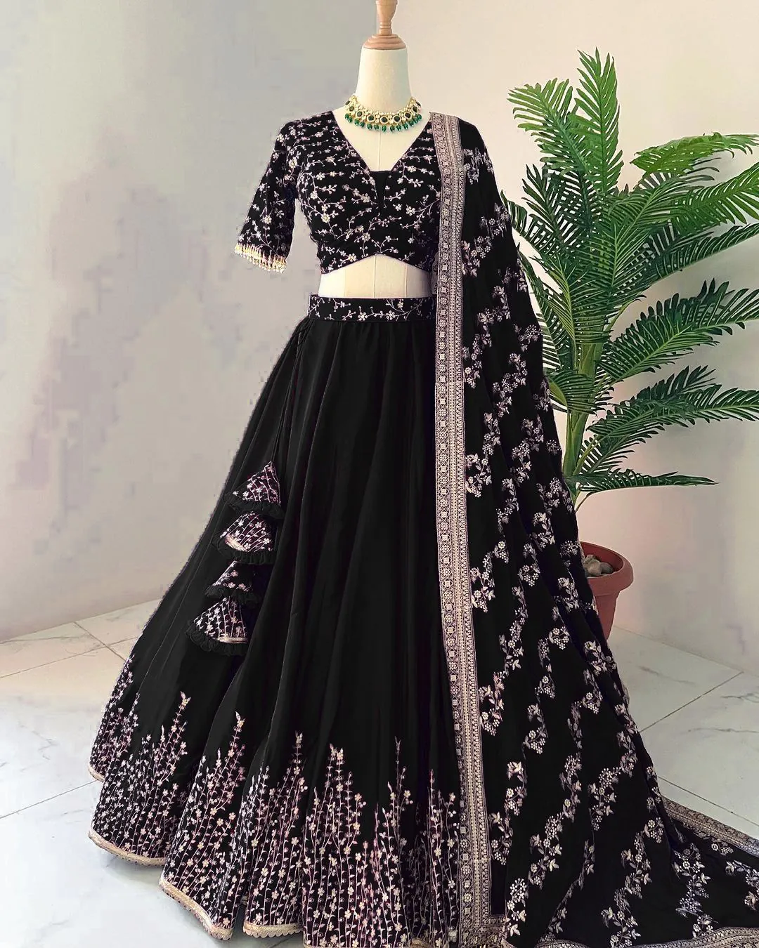 Beautiful Black Color Faux Georgette With Embroidery Sequence Work Lehenga Choli