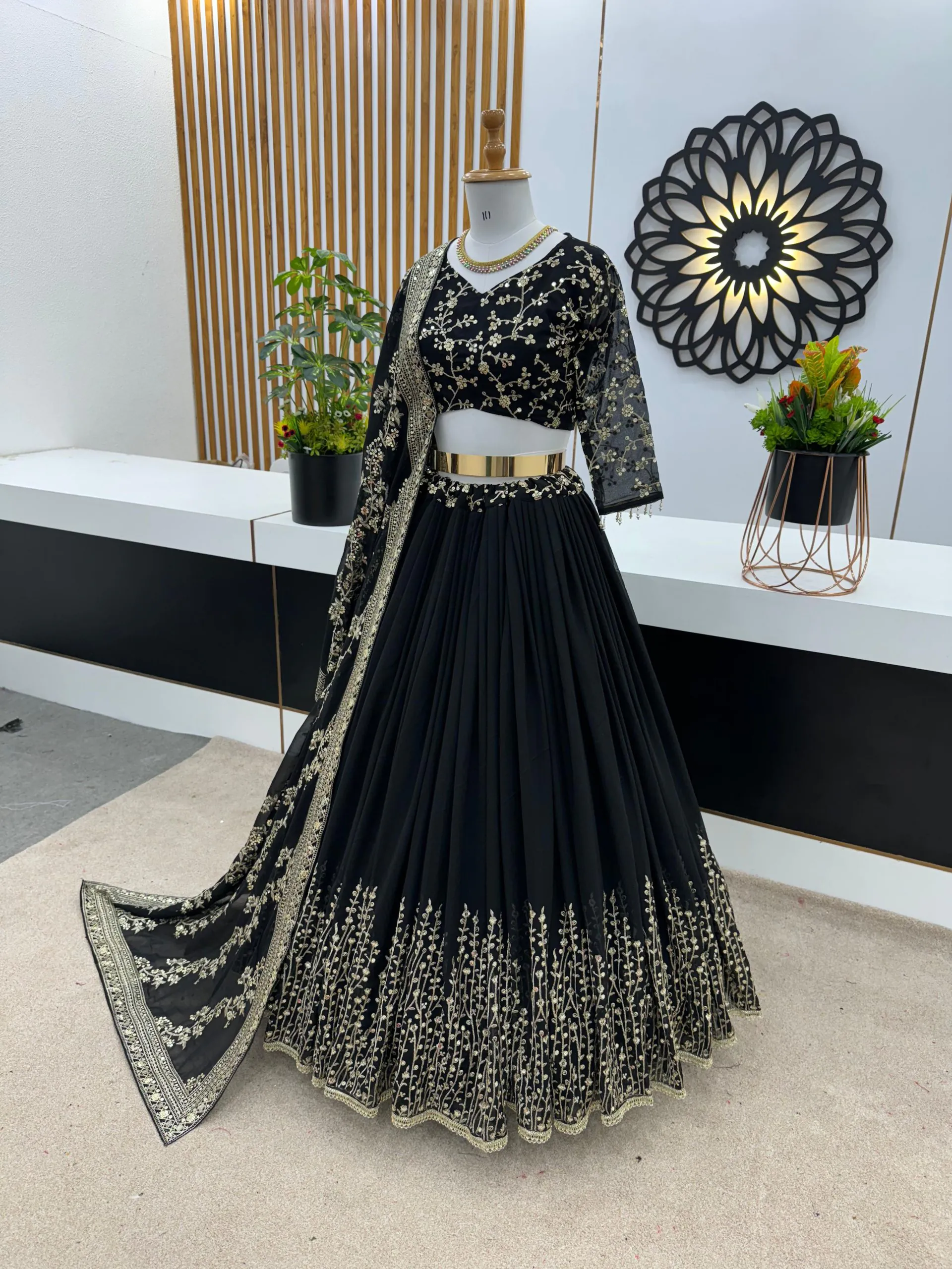 Black Faux Georgette Embroidery Sequence Lehenga Choli - Image 3