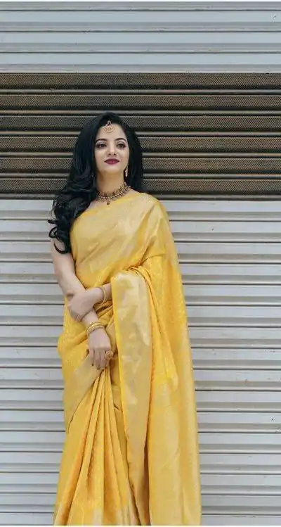 KP 3095 Yellow Color Lichi Silk Jacquard Work Beautiful Saree Casual, Party Wear, Wedding, Events Etc. Expected Delivery 4-6 Working Days @1399/- | Sarees, Bollywood Sarees, Creative Sarees, Designer Sarees, Embroidered Sarees, Ethnic Saree, Modern Digital sarees, Party Wear Sarees