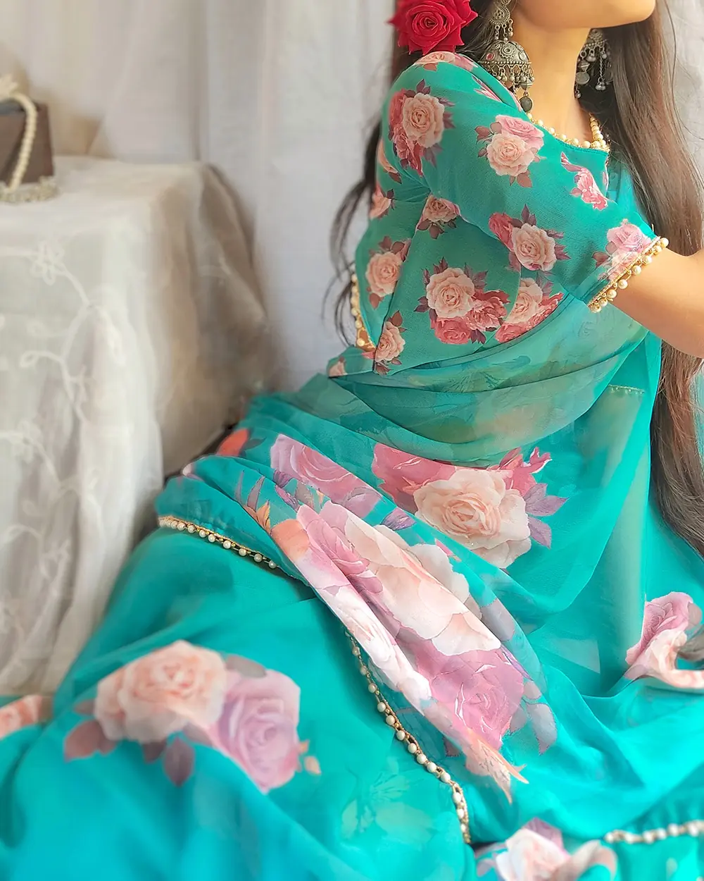 Graceful Green Color Georgette Printed pearl lace border Saree