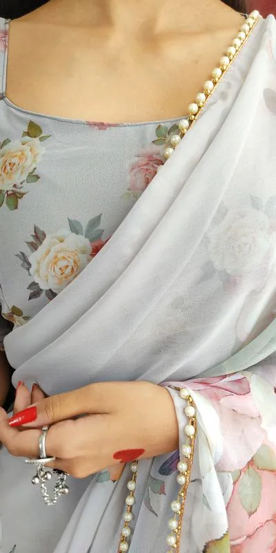 Graceful Grey Color Georgette Printed with pearl lace border Saree