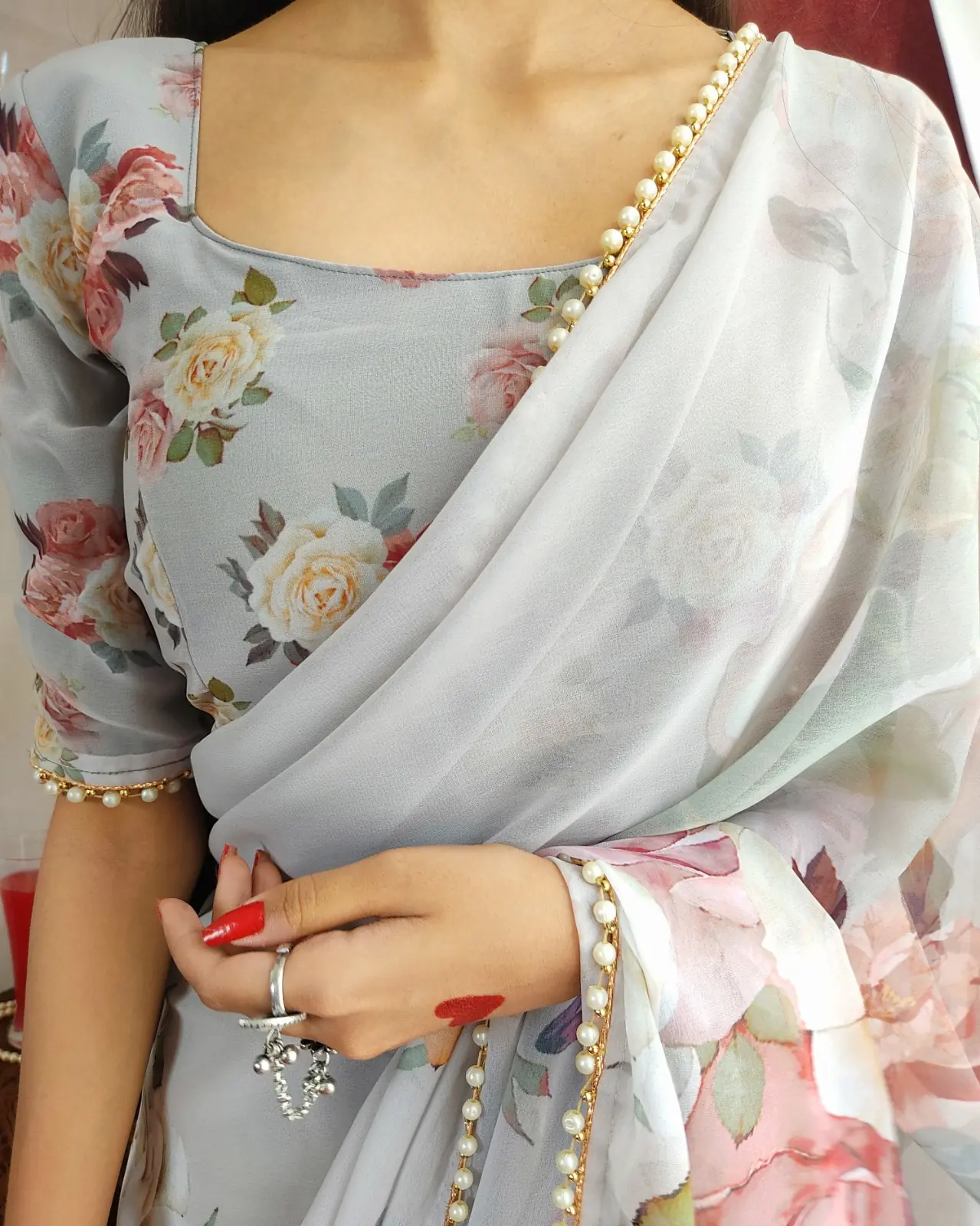 Graceful Grey Color Georgette Printed with pearl lace border Saree