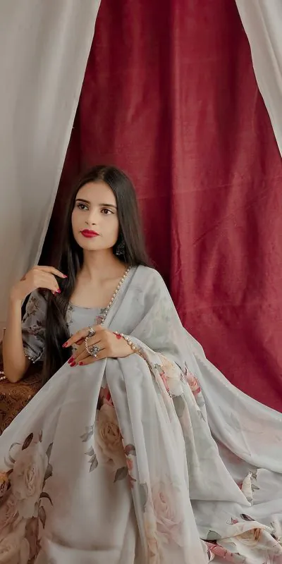 Graceful Grey Color Georgette Printed with pearl lace border Saree