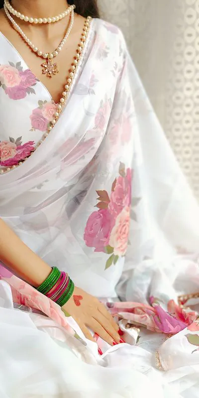 Graceful White Color Georgette Printed pearl lace border Saree