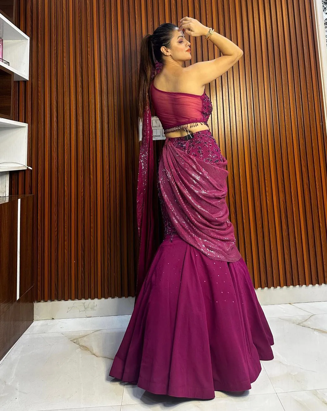 Wine Georgette Thread Sequence Lehenga Saree - Image 2