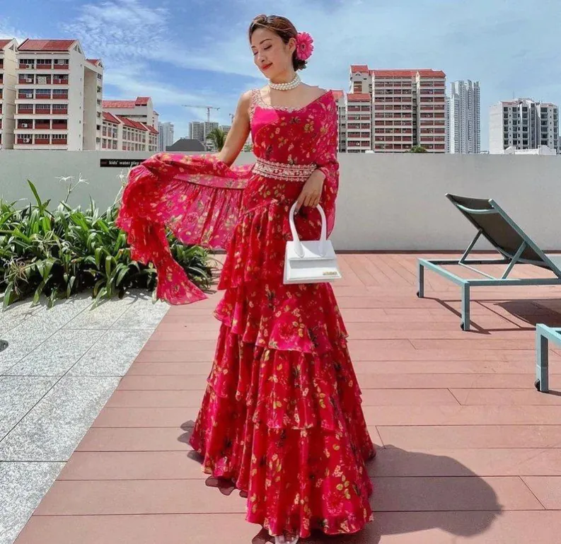 Nice Pink Georgette Silk Printed With Ruffle Layer Lehenga Choli