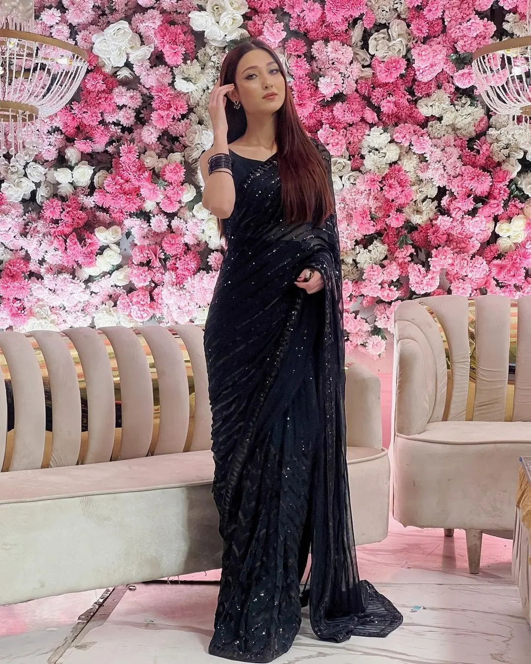 Special Black Color Georgette Embroidery Sequence Work Saree