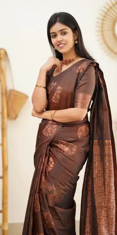 KP 4064 Coffee Color Soft Lichi Silk Jacquard On All Over Saree Casual, Party Wear, Wedding, Events Etc. Expected Delivery 4-6 Working Days @1249/- | Sarees, Bollywood Sarees, Creative Sarees, Designer Sarees, Embroidered Sarees, Ethnic Saree, Modern Digital sarees, Party Wear Sarees