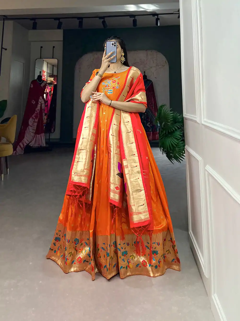YNF5302 Orange Color Jacquard Silk Paithani Zari Designer Gown Casual, Wedding Festive, Events, Designer Party Wear Expected Delivery 4-6 Working Days @1849 | Gowns, Bollywood Gowns, Creative Gowns, Designer Gowns, Embroidered Gowns, Party Wear Gowns