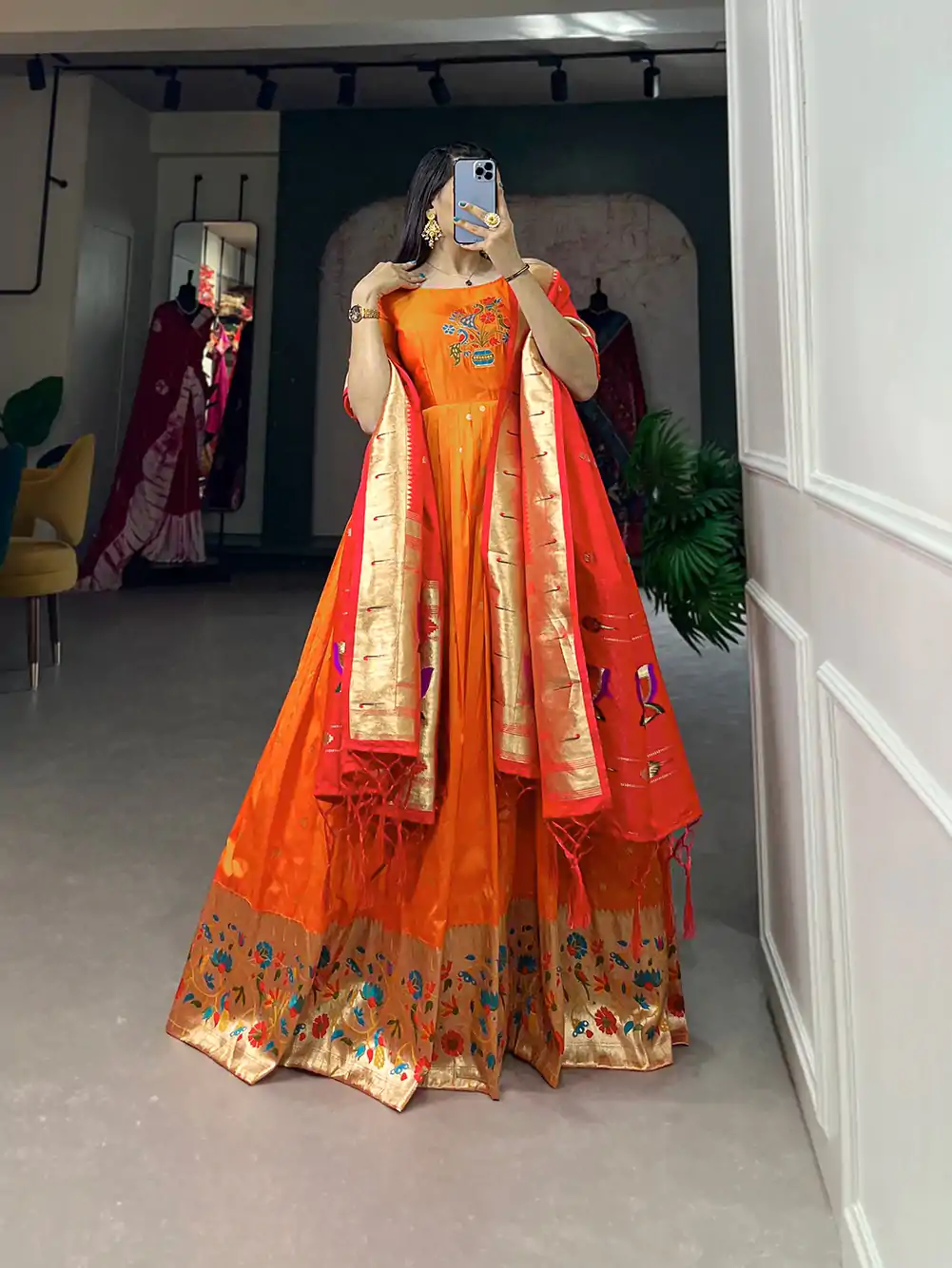 YNF5302 Orange Color Jacquard Silk Paithani Zari Designer Gown Casual, Wedding Festive, Events, Designer Party Wear Expected Delivery 4-6 Working Days @1849 | Gowns, Bollywood Gowns, Creative Gowns, Designer Gowns, Embroidered Gowns, Party Wear Gowns