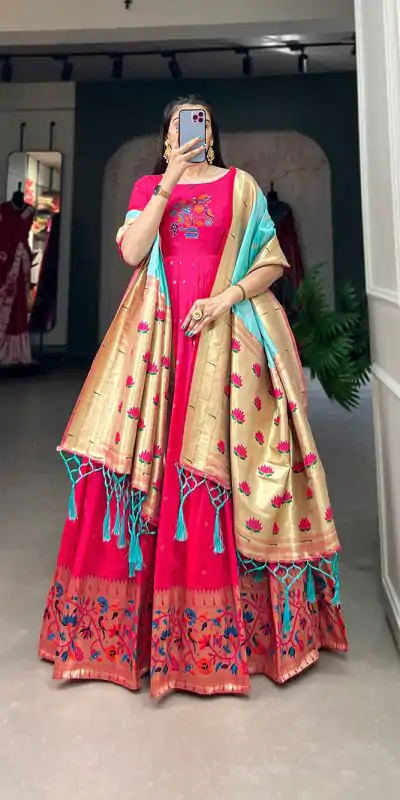 YNF5302  Pink Color Jacquard Silk Paithani Zari Designer Gown Casual, Wedding, Festive, Events, Designer Party Wear,  Expected Delivery 4-6 Working Days @1849 | Gowns, Bollywood Gowns, Creative Gowns, Designer Gowns, Embroidered Gowns, Party Wear Gowns