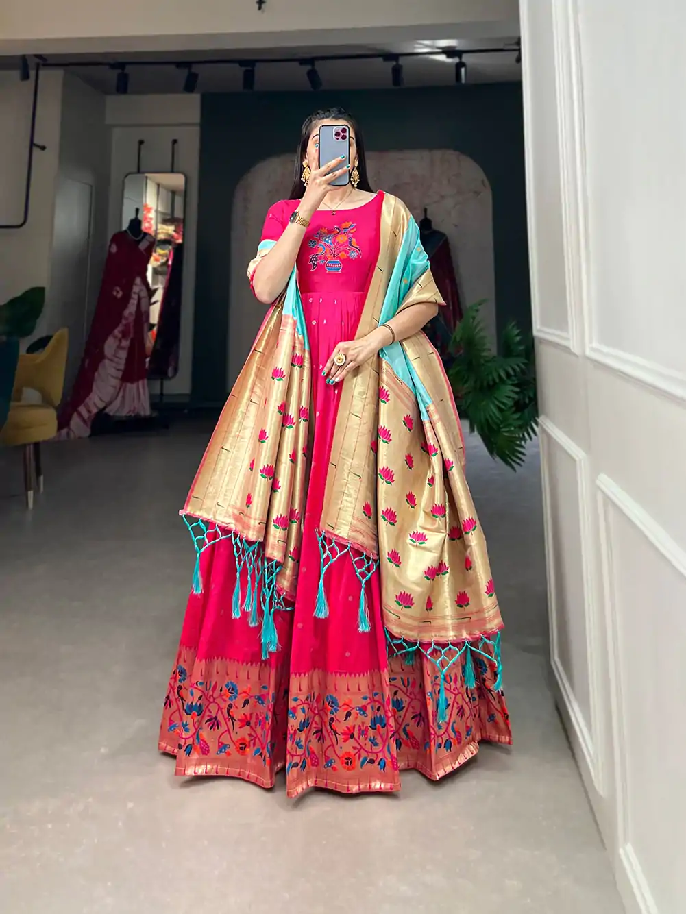 YNF5302  Pink Color Jacquard Silk Paithani Zari Designer Gown Casual, Wedding, Festive, Events, Designer Party Wear,  Expected Delivery 4-6 Working Days @1849 | Gowns, Bollywood Gowns, Creative Gowns, Designer Gowns, Embroidered Gowns, Party Wear Gowns