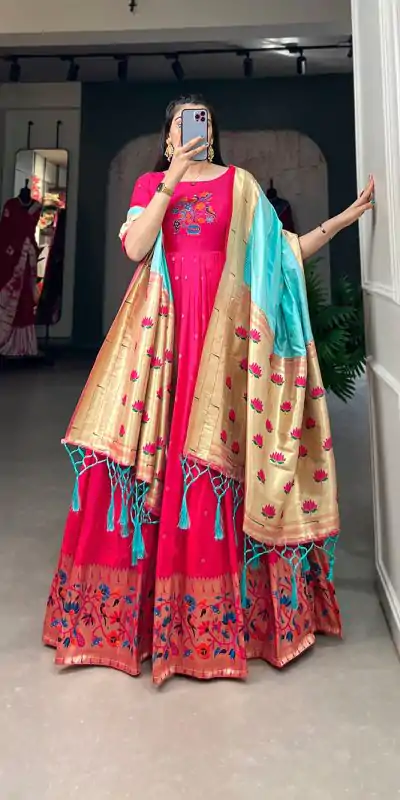 YNF5302  Pink Color Jacquard Silk Paithani Zari Designer Gown Casual, Wedding, Festive, Events, Designer Party Wear,  Expected Delivery 4-6 Working Days @1849 | Gowns, Bollywood Gowns, Creative Gowns, Designer Gowns, Embroidered Gowns, Party Wear Gowns