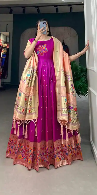 YNF5302 Purple Color Jacquard Silk Paithani Zari Designer Gown Casual, Wedding Festive, Events, Designer Party Wear Expected Delivery 4-6 Working Days @1849 | Gowns, Bollywood Gowns, Creative Gowns, Designer Gowns, Embroidered Gowns, Party Wear Gowns