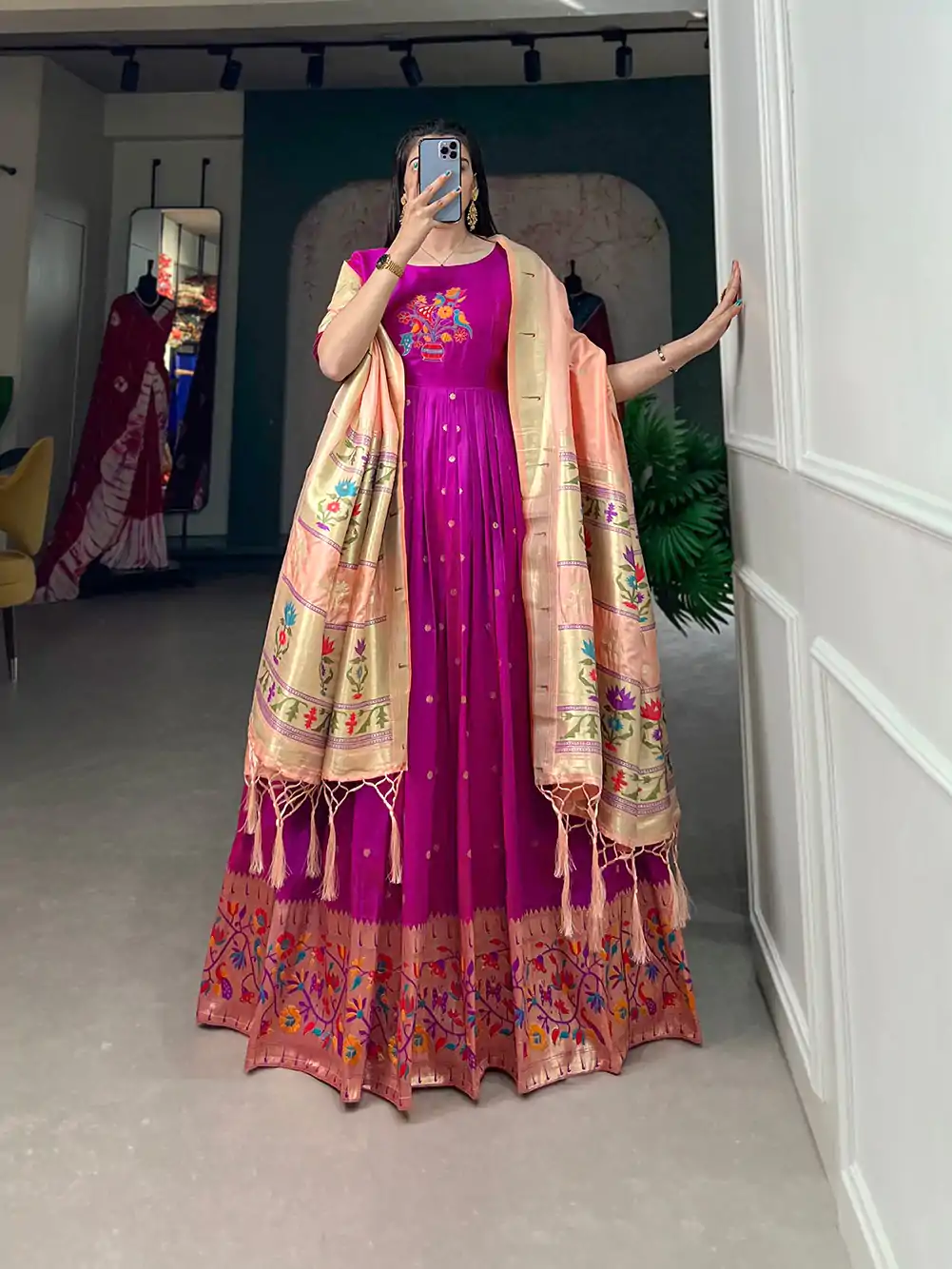 YNF5302 Purple Color Jacquard Silk Paithani Zari Designer Gown Casual, Wedding Festive, Events, Designer Party Wear Expected Delivery 4-6 Working Days @1849 | Gowns, Bollywood Gowns, Creative Gowns, Designer Gowns, Embroidered Gowns, Party Wear Gowns