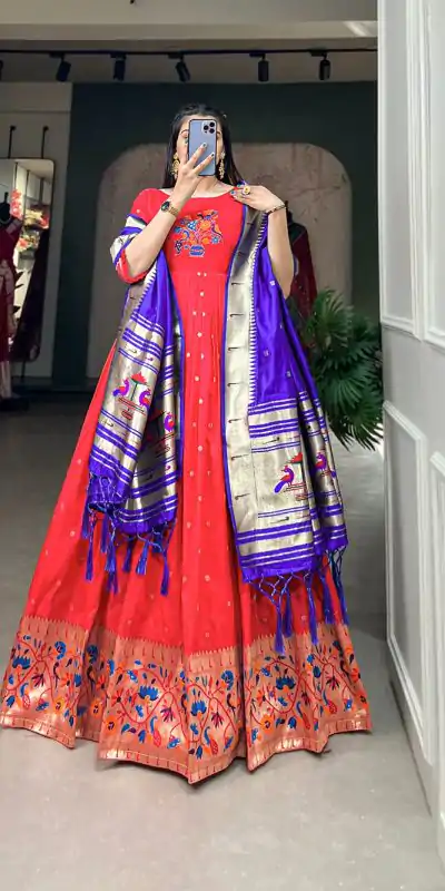 YNF5302  Red Color Jacquard Silk Paithani Zari Designer Gown Casual, Wedding, Festive, Events, Designer Party Wear,  Expected Delivery 4-6 Working Days @1849 | Gowns, Bollywood Gowns, Creative Gowns, Designer Gowns, Embroidered Gowns, Party Wear Gowns